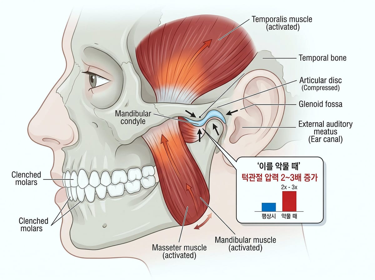 측두근, 교근, 턱관절 디스크의 위치를 보여주는 측면 해부도 — 이를 악물 때 턱관절 압력이 평상시보다 증가함